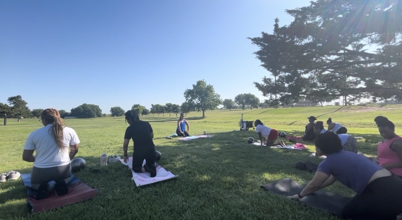 Outdoor mat class at the park