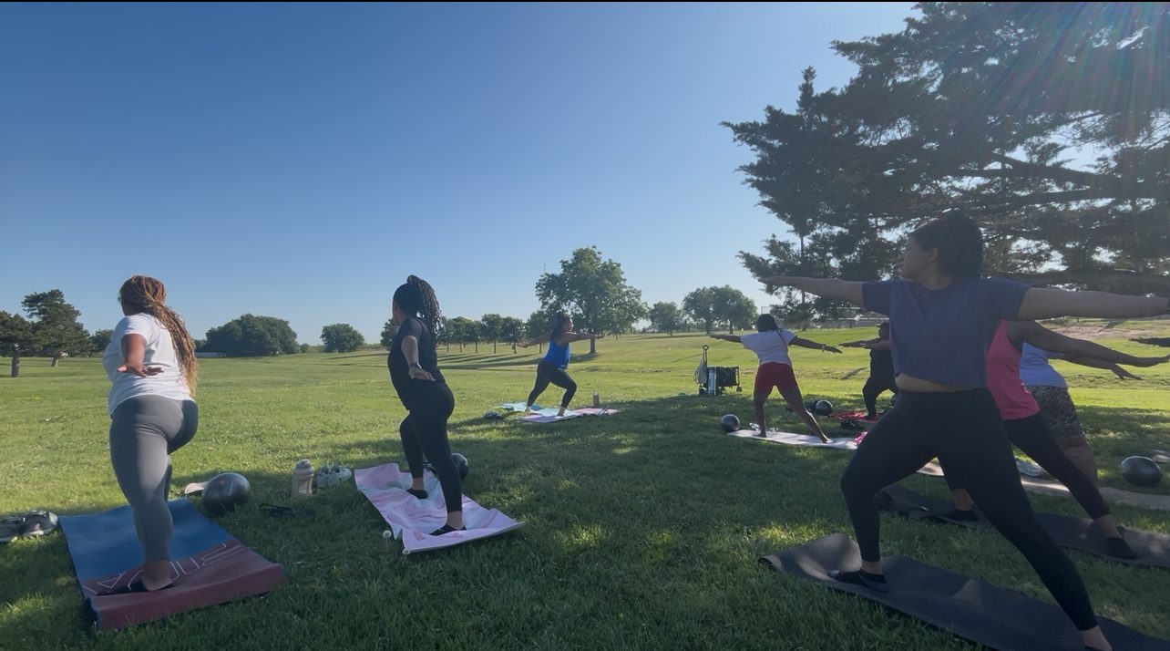Warrior pose in the park